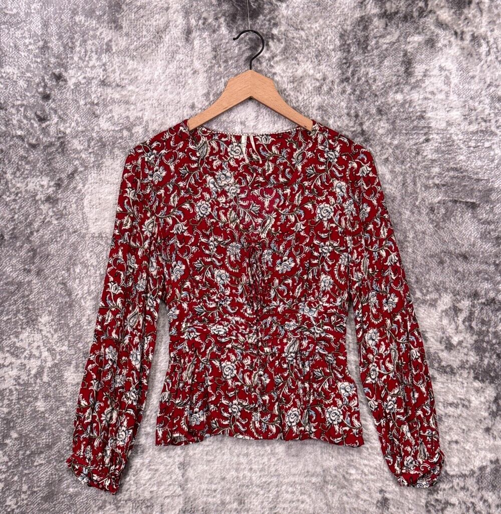 Anthropologie Top 2 Womens Feather Bone Red Floral Tie Front Smocked Blouse